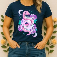 Kawaii Pastel Goth Cute Creepy Skull Serpent Snake Roses Womens T-Shirt