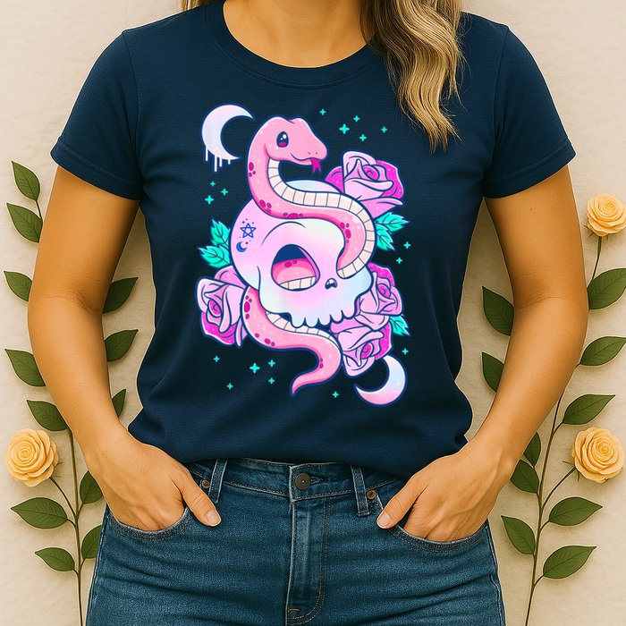Kawaii Pastel Goth Cute Creepy Skull Serpent Snake Roses Womens T-Shirt