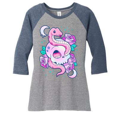 Kawaii Pastel Goth Cute Creepy Skull Serpent Snake Roses Women's Tri-Blend 3/4-Sleeve Raglan Shirt