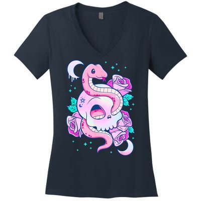 Kawaii Pastel Goth Cute Creepy Skull Serpent Snake Roses Women's V-Neck T-Shirt