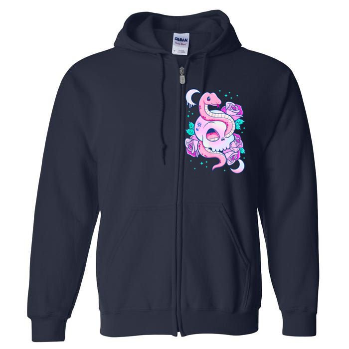 Kawaii Pastel Goth Cute Creepy Skull Serpent Snake Roses Full Zip Hoodie