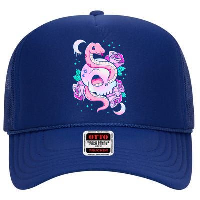 Kawaii Pastel Goth Cute Creepy Skull Serpent Snake Roses High Crown Mesh Back Trucker Hat