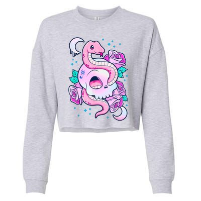 Kawaii Pastel Goth Cute Creepy Skull Serpent Snake Roses Cropped Pullover Crew