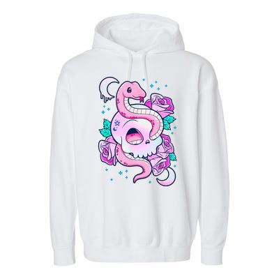 Kawaii Pastel Goth Cute Creepy Skull Serpent Snake Roses Garment-Dyed Fleece Hoodie