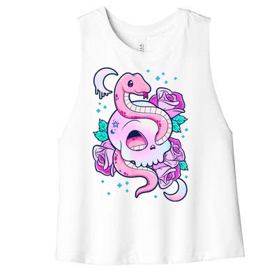 Kawaii Pastel Goth Cute Creepy Skull Serpent Snake Roses Women's Racerback Cropped Tank