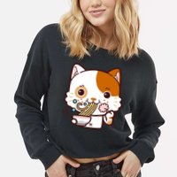 Kawaii Ramen Cat Cropped Pullover Crew