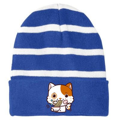 Kawaii Ramen Cat Striped Beanie with Solid Band