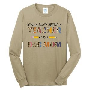 Kinda Busy Being A Teacher And Dog Mom Leopard Mothers Day Tall Long Sleeve T-Shirt