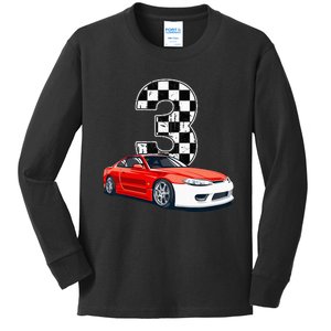 Kids Birthday Boy 3 Three Race Car 3rd Birthday Racing Car Flag Kids Long Sleeve Shirt