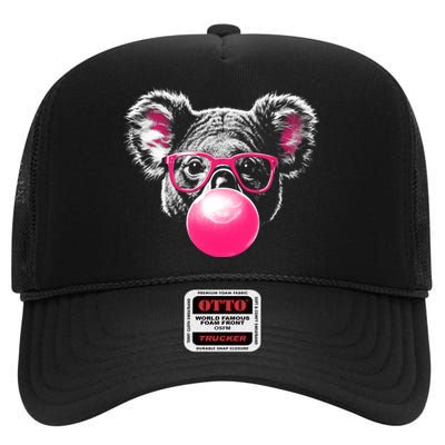 Koala Bear Blowing Bubblegum High Crown Mesh Back Trucker Hat