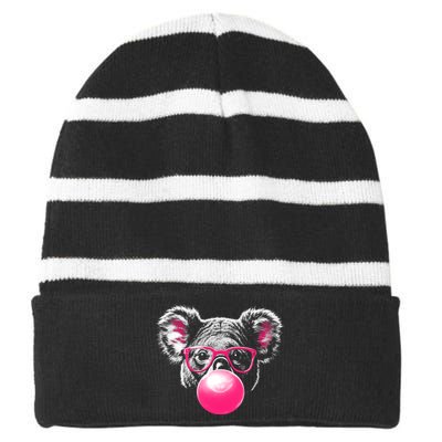 Koala Bear Blowing Bubblegum Striped Beanie with Solid Band