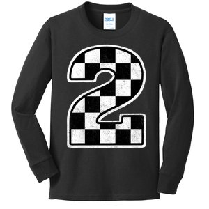 Kids Birthday Boy 2 Two Race Car 2nd Birthday Racing Car Flag Kids Long Sleeve Shirt