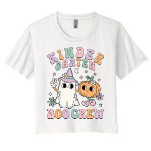 Kindergarten Boo Crew Halloween Floral Ghost Kinder Teacher Women's Crop Top Tee