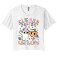 Kindergarten Boo Crew Halloween Floral Ghost Kinder Teacher Women's Crop Top Tee