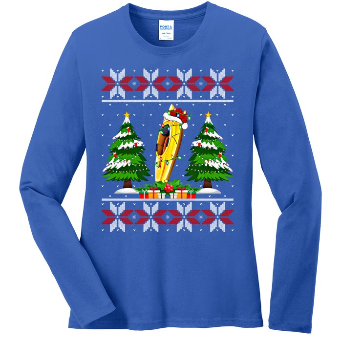 Kayak Boat Christmas Tree Lights Ugly Sweater Santa Xmas Gift Ladies Long Sleeve Shirt