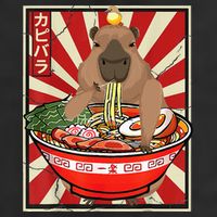 Kawaii bird Capybara Eating Ra Noodles Anime Japanese 7 Panel Mesh Trucker Snapback Hat