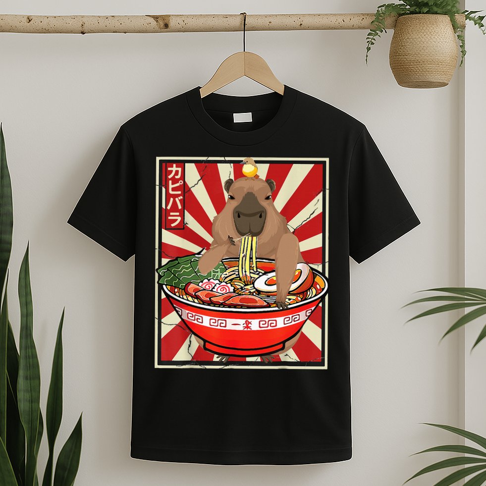 Kawaii bird Capybara Eating Ra Noodles Anime Japanese T-Shirt