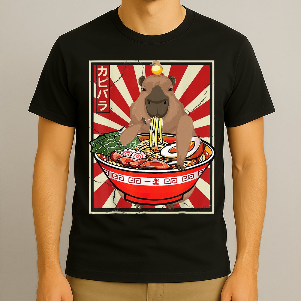 Kawaii bird Capybara Eating Ra Noodles Anime Japanese T-Shirt