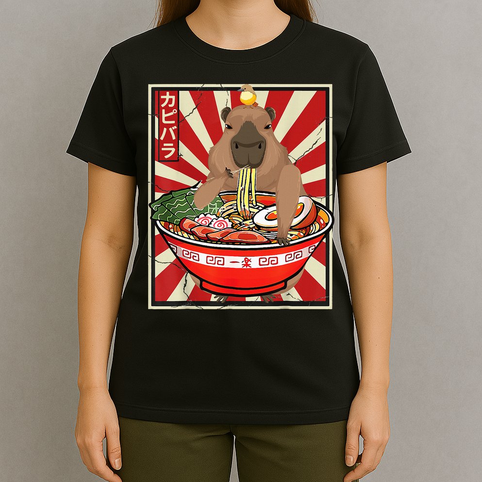 Kawaii bird Capybara Eating Ra Noodles Anime Japanese T-Shirt