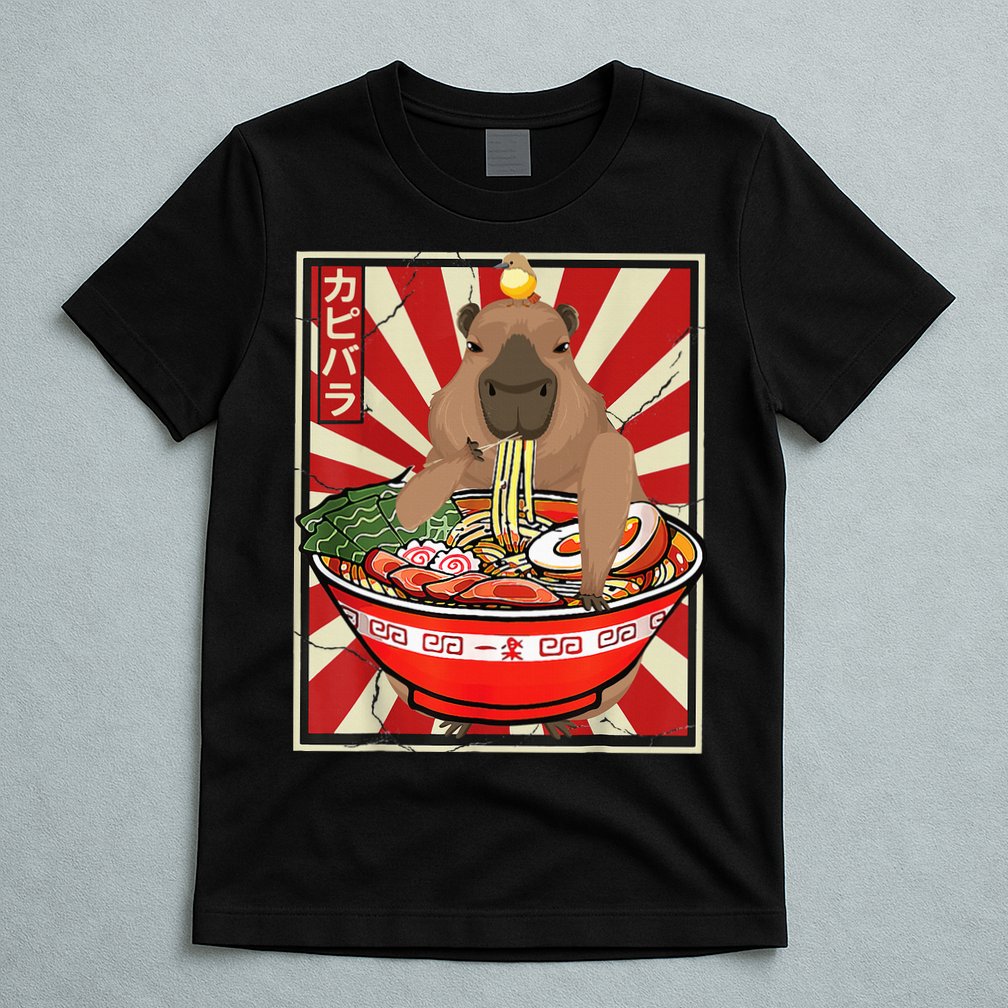 Kawaii bird Capybara Eating Ra Noodles Anime Japanese T-Shirt