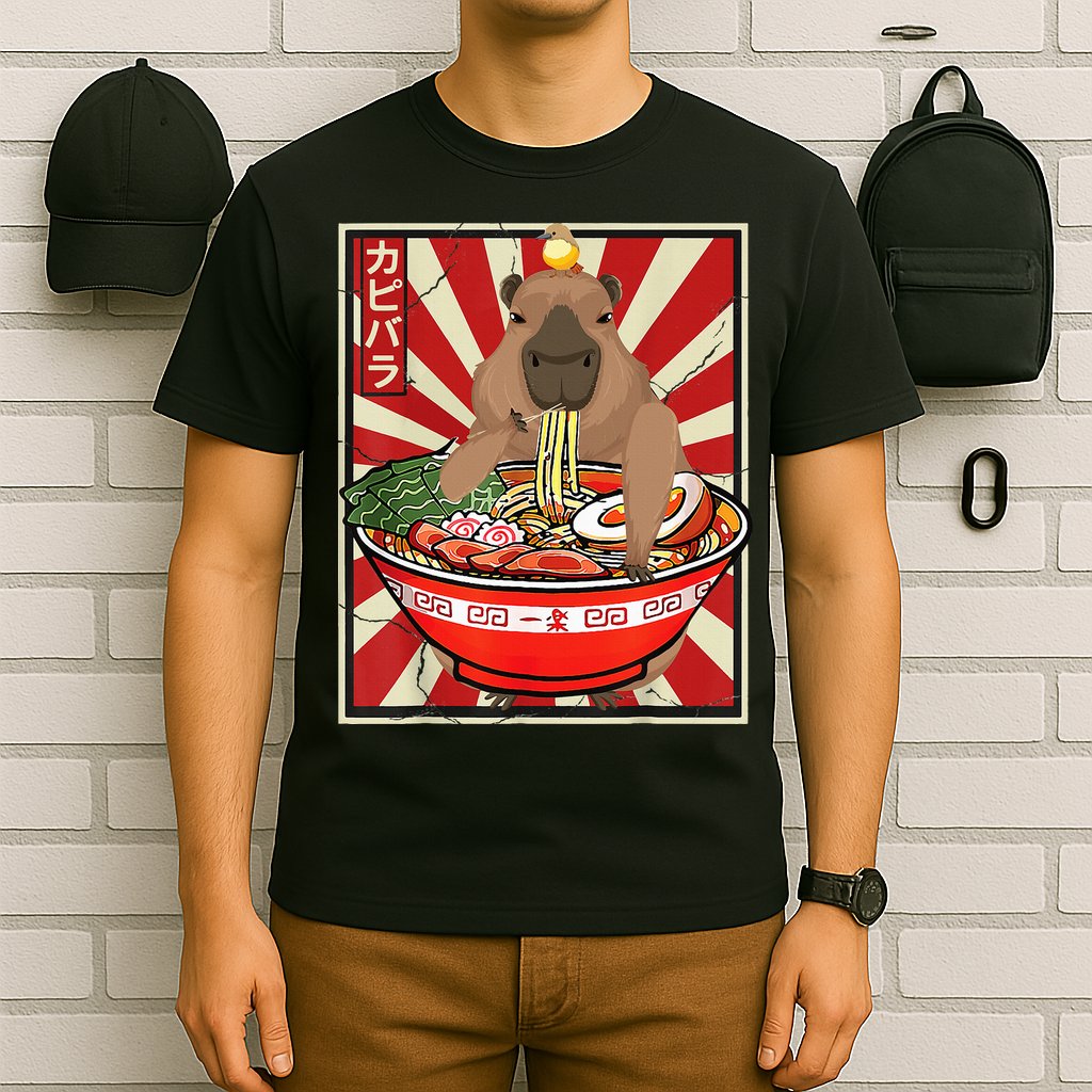 Kawaii bird Capybara Eating Ra Noodles Anime Japanese T-Shirt