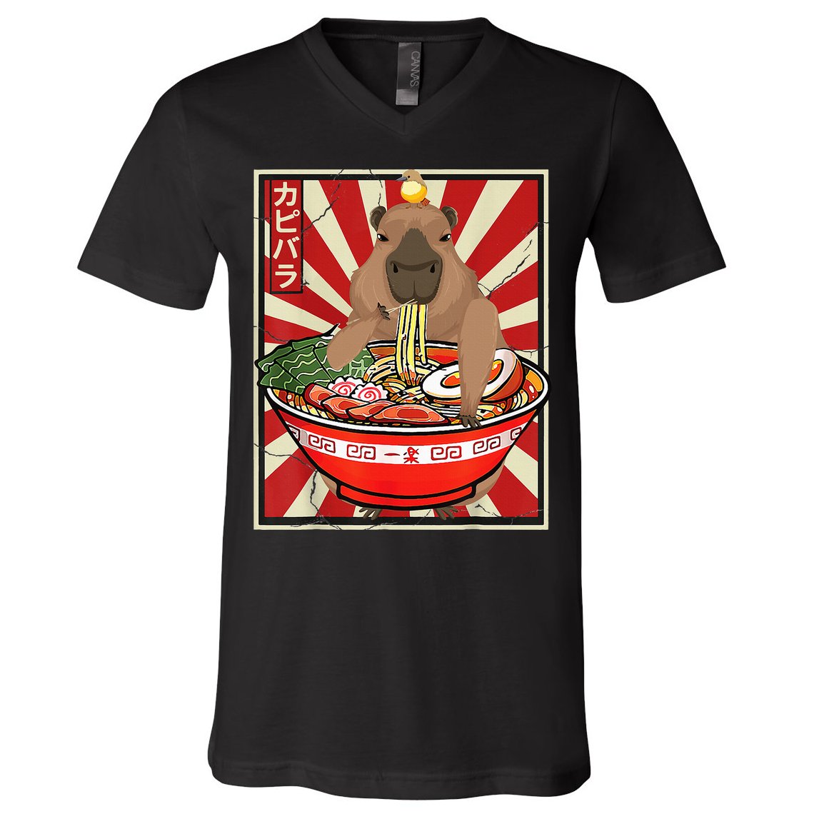 Kawaii bird Capybara Eating Ra Noodles Anime Japanese V-Neck T-Shirt