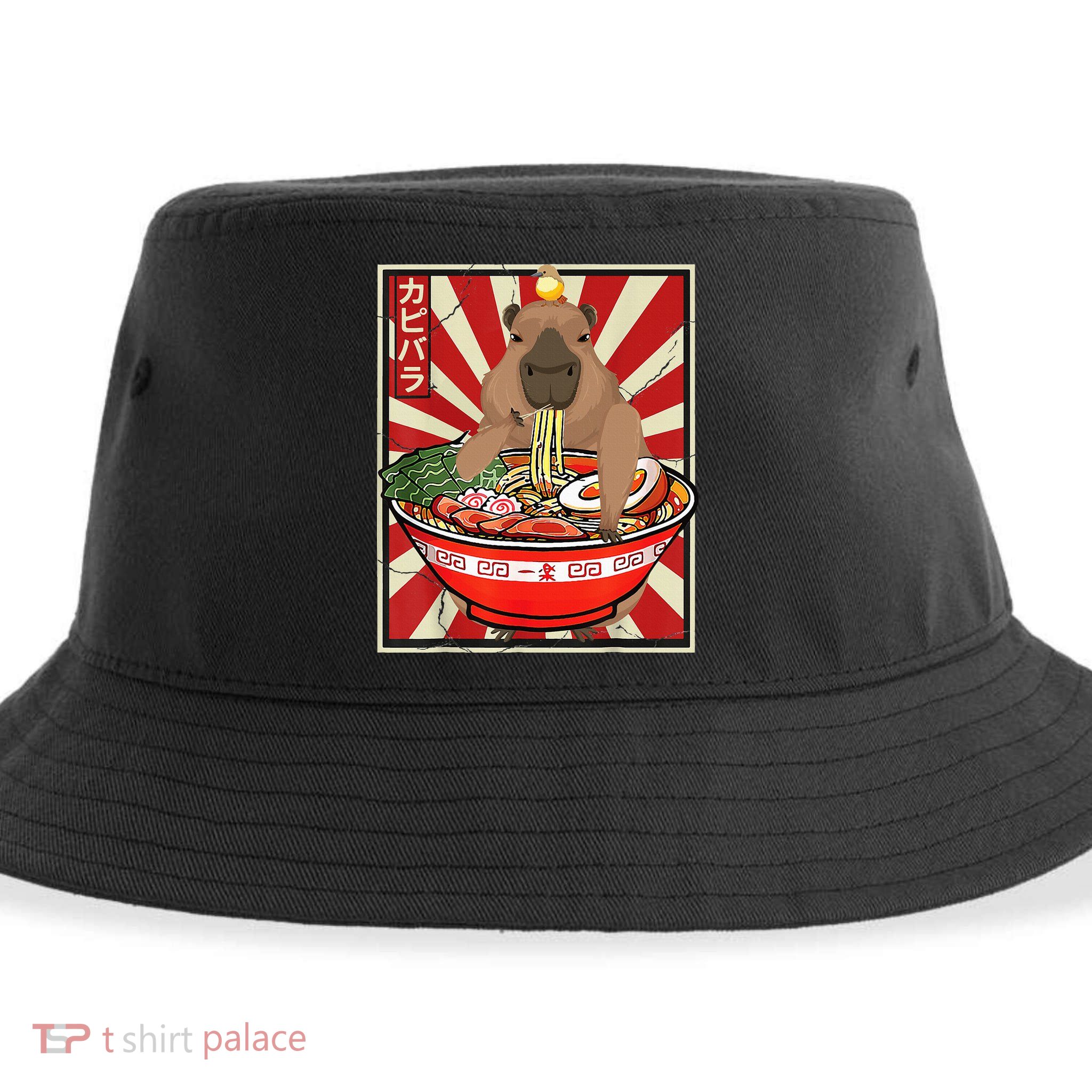Kawaii bird Capybara Eating Ra Noodles Anime Japanese Sustainable Bucket Hat