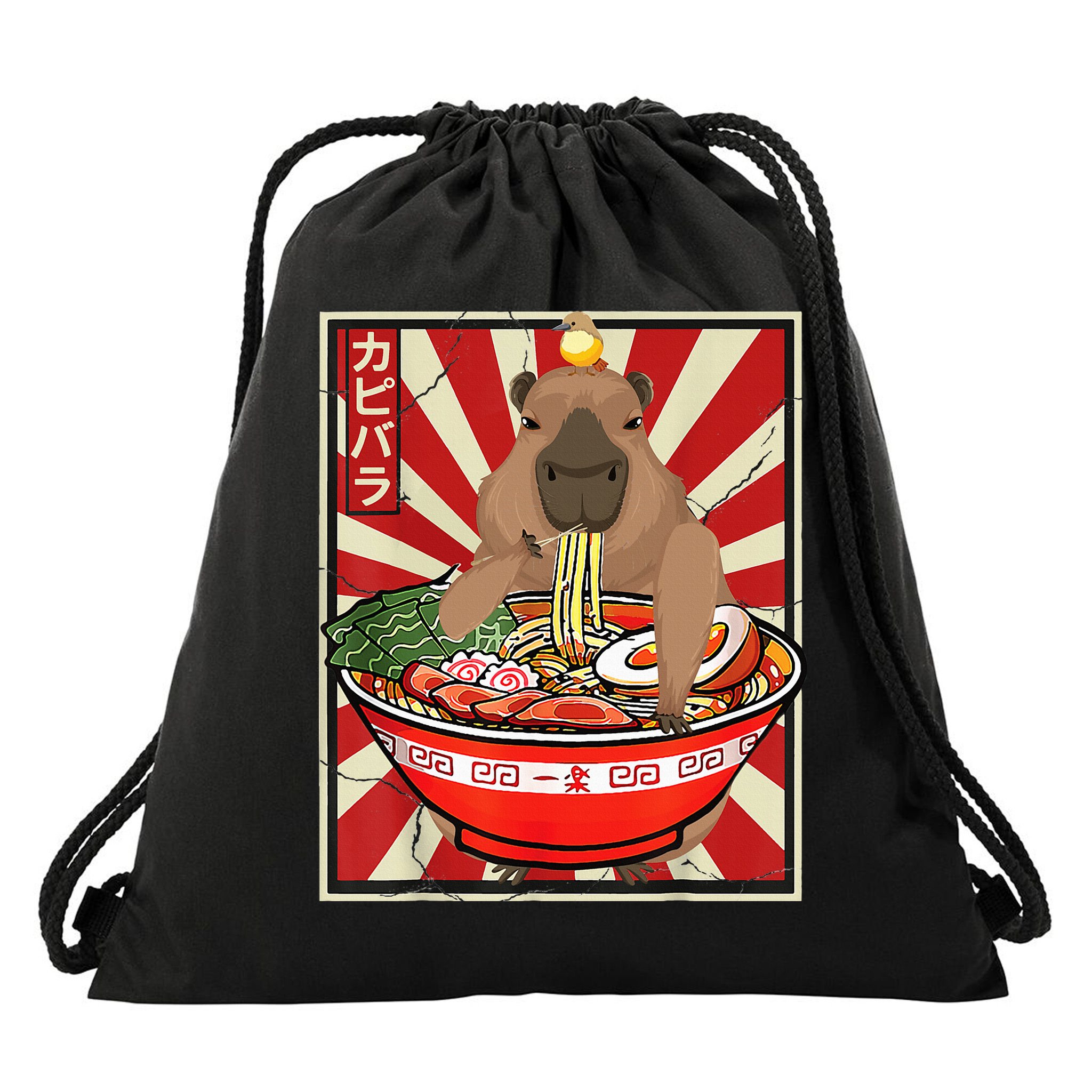 Kawaii bird Capybara Eating Ra Noodles Anime Japanese Drawstring Bag