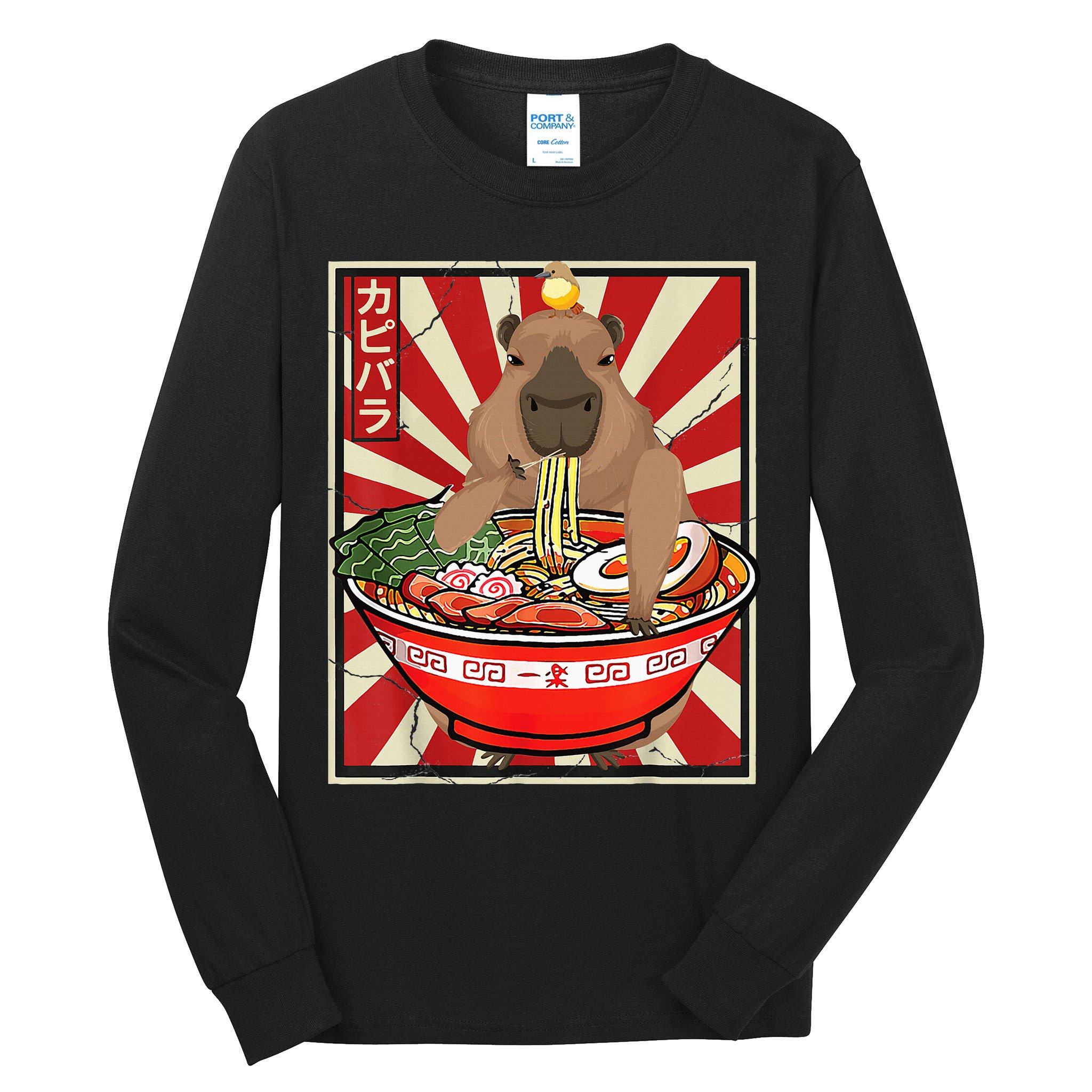 Kawaii bird Capybara Eating Ra Noodles Anime Japanese Tall Long Sleeve T-Shirt
