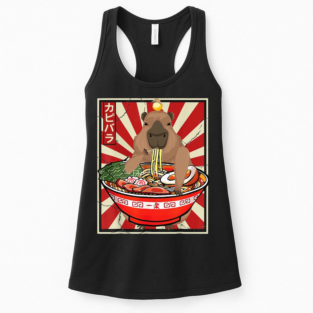 Kawaii bird Capybara Eating Ra Noodles Anime Japanese Womens Tank Top