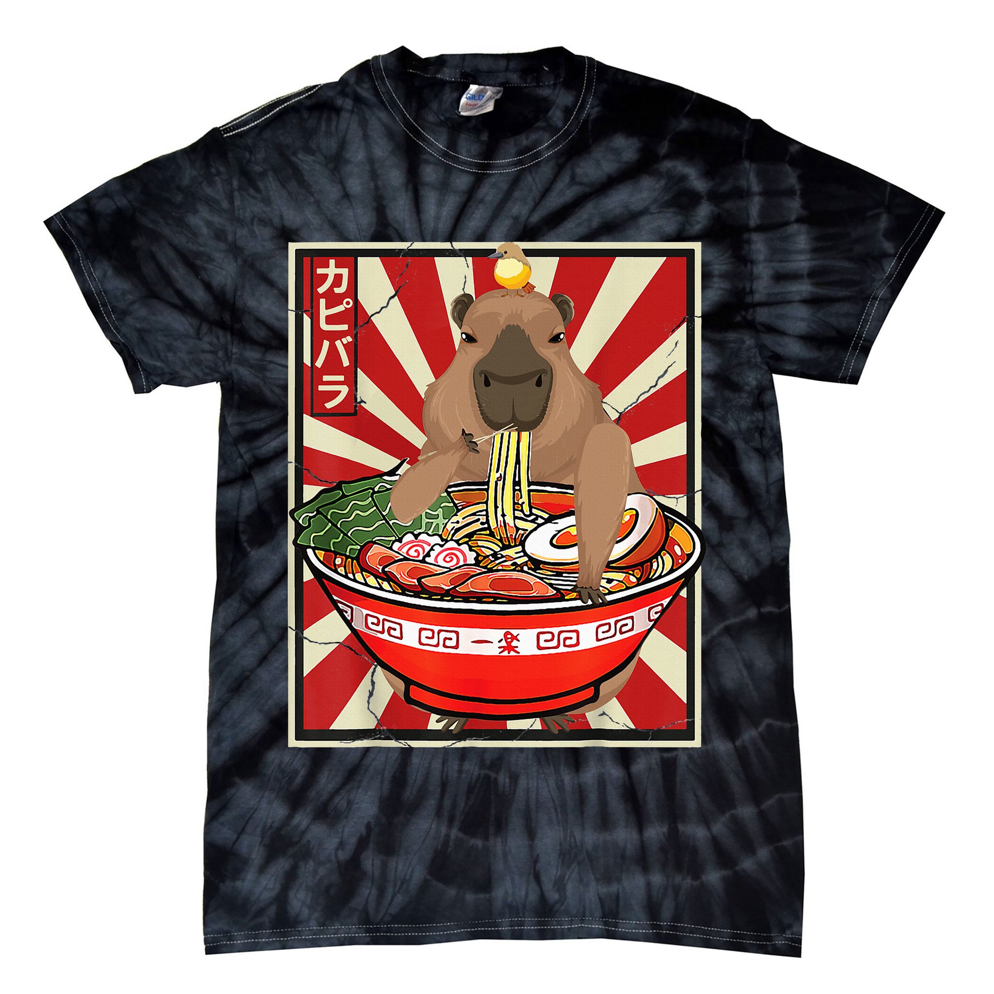 Kawaii bird Capybara Eating Ra Noodles Anime Japanese Tie-Dye T-Shirt