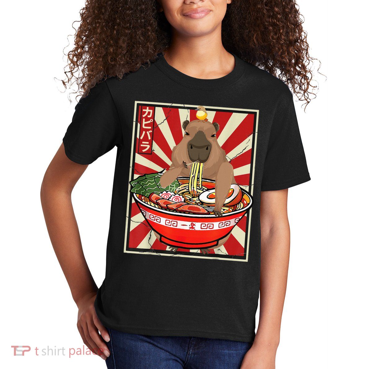 Kawaii bird Capybara Eating Ra Noodles Anime Japanese Kids T-Shirt