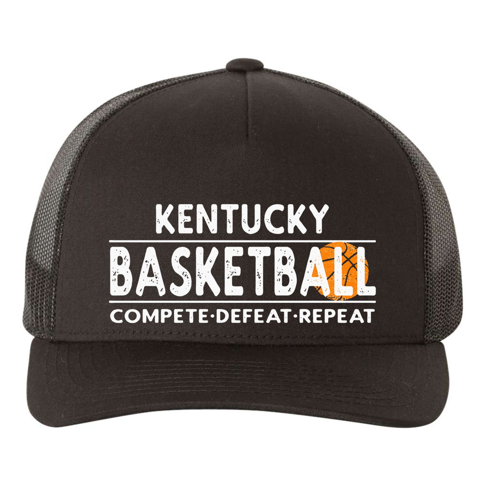 Kentucky Basketball Compete Defeat Repeat Yupoong Adult 5-Panel Trucker Hat