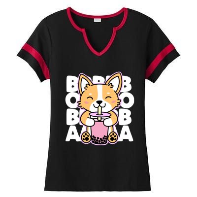 Kawaii Boba Cute Anime Dog Corgi Kawaii Tea Drjnk Dark Ladies Halftime Notch Neck Tee