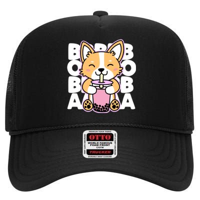 Kawaii Boba Cute Anime Dog Corgi Kawaii Tea Drjnk Dark High Crown Mesh Back Trucker Hat