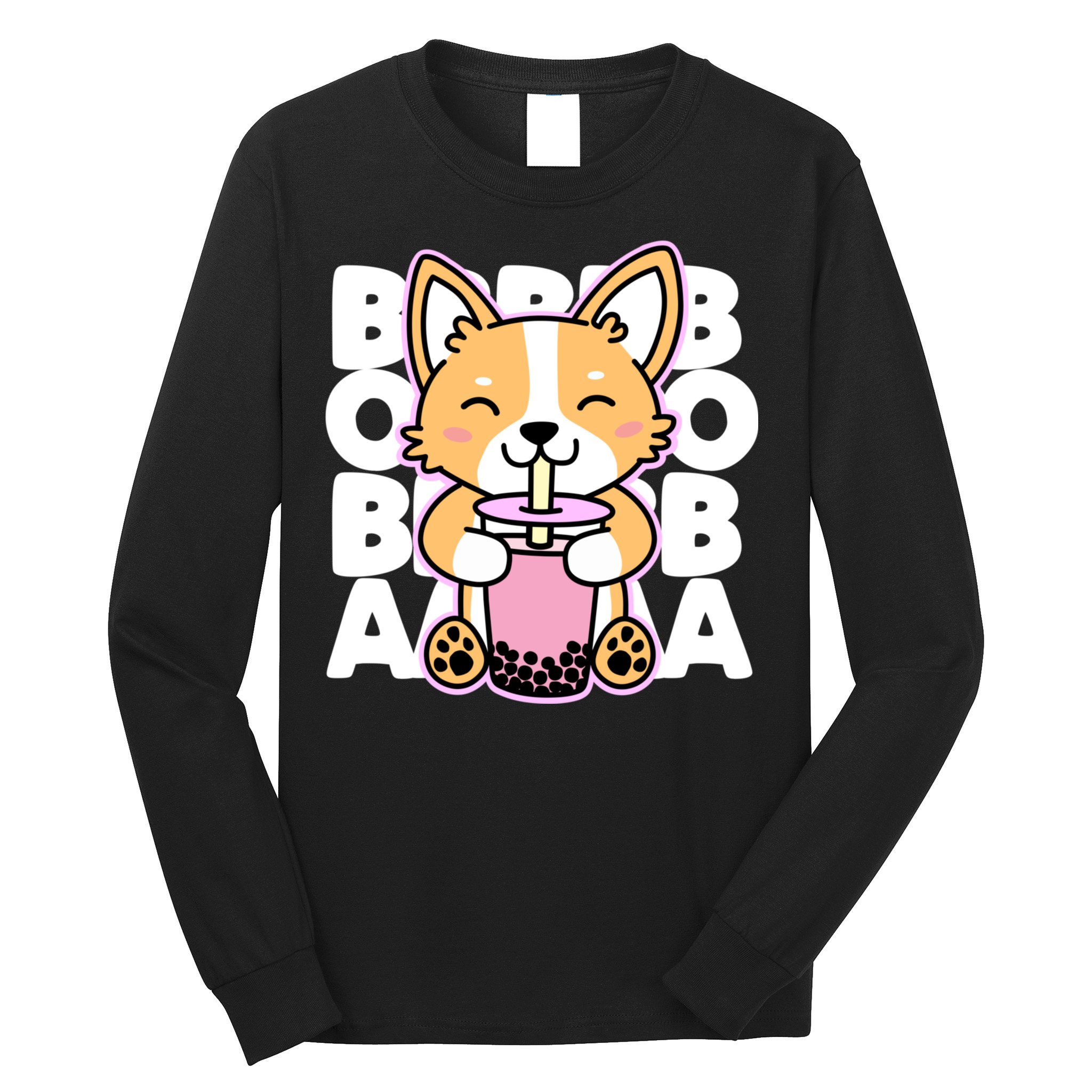 Kawaii Boba Cute Anime Dog Corgi Kawaii Tea Drjnk Dark Long Sleeve Shirt