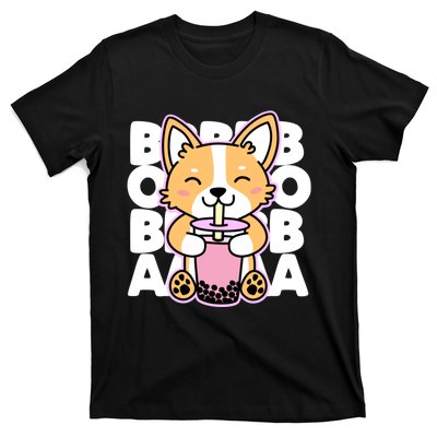 Kawaii Boba Cute Anime Dog Corgi Kawaii Tea Drjnk Dark T-Shirt