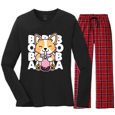 Kawaii Boba Cute Anime Dog Corgi Kawaii Tea Drjnk Dark Women's Long Sleeve Flannel Pajama Set 