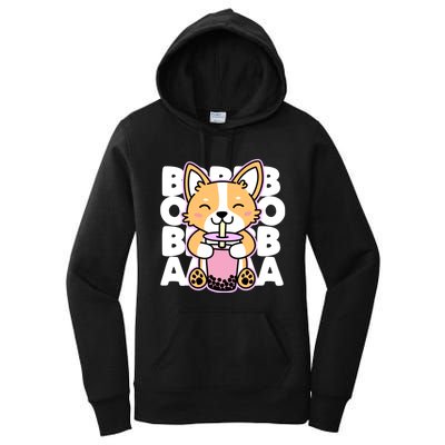 Kawaii Boba Cute Anime Dog Corgi Kawaii Tea Drjnk Dark Women's Pullover Hoodie