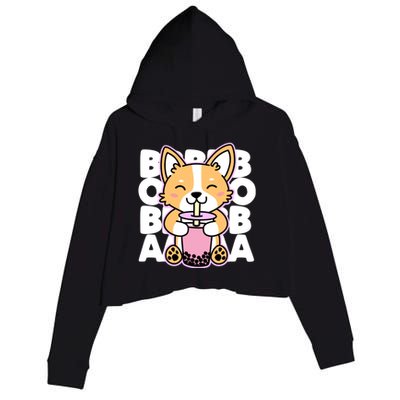 Kawaii Boba Cute Anime Dog Corgi Kawaii Tea Drjnk Dark Crop Fleece Hoodie