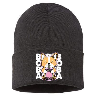 Kawaii Boba Cute Anime Dog Corgi Kawaii Tea Drjnk Dark Sustainable Knit Beanie