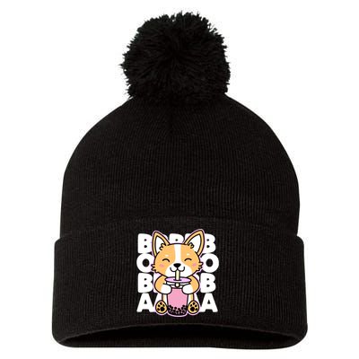 Kawaii Boba Cute Anime Dog Corgi Kawaii Tea Drjnk Dark Pom Pom 12in Knit Beanie