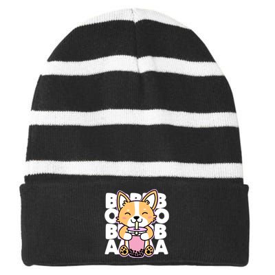 Kawaii Boba Cute Anime Dog Corgi Kawaii Tea Drjnk Dark Striped Beanie with Solid Band