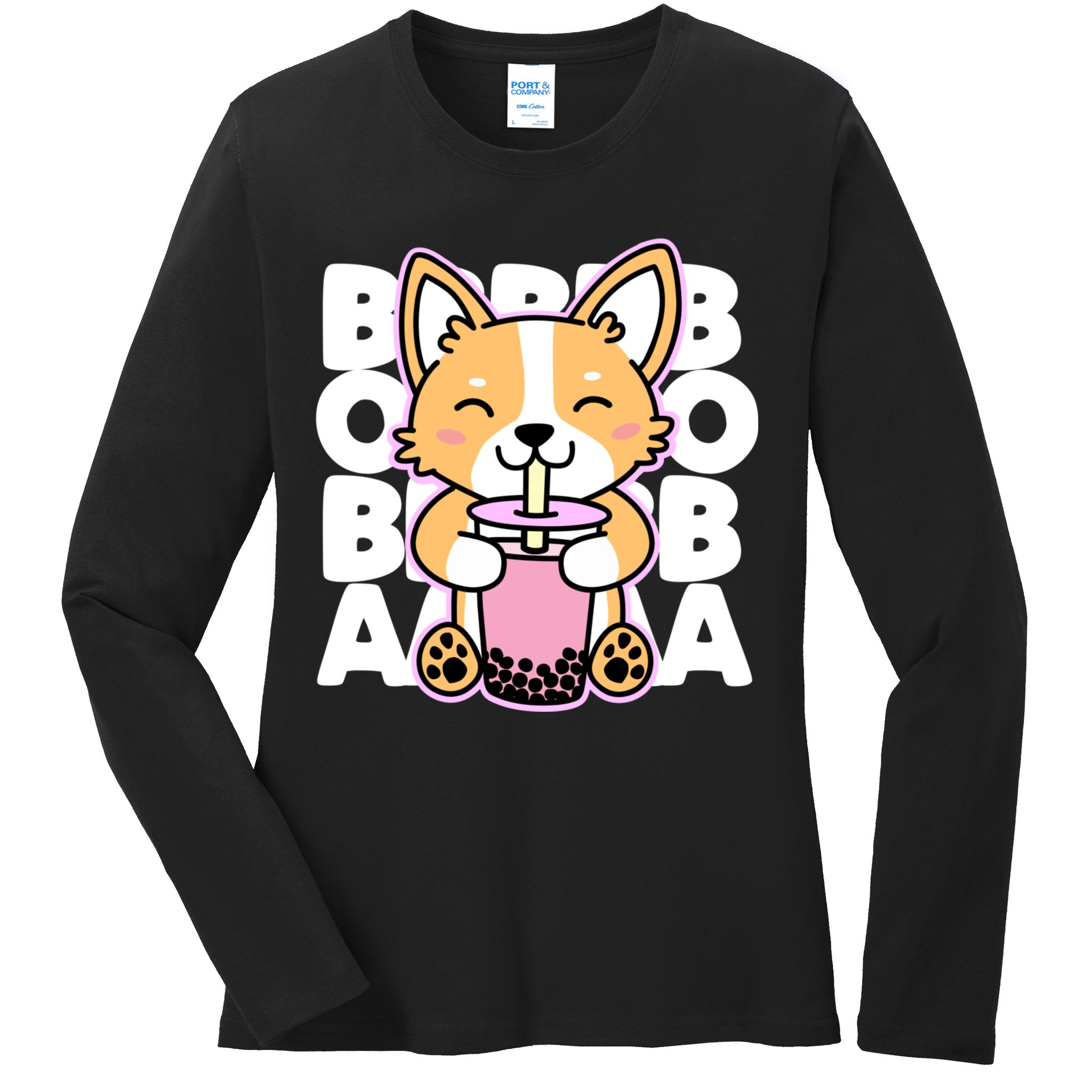 Kawaii Boba Cute Anime Dog Corgi Kawaii Tea Drjnk Dark Ladies Long Sleeve Shirt