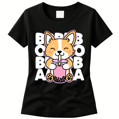 Kawaii Boba Cute Anime Dog Corgi Kawaii Tea Drjnk Dark Womens T-Shirt