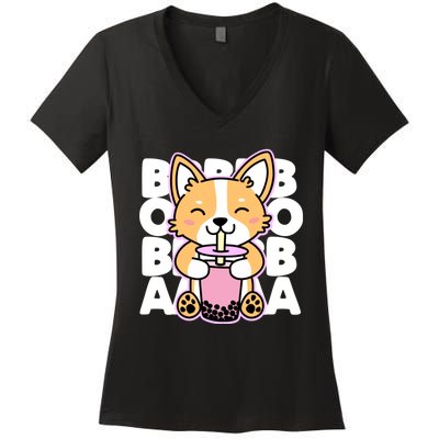 Kawaii Boba Cute Anime Dog Corgi Kawaii Tea Drjnk Dark Women's V-Neck T-Shirt