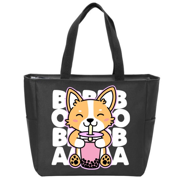Kawaii Boba Cute Anime Dog Corgi Kawaii Tea Drjnk Dark Zip Tote Bag
