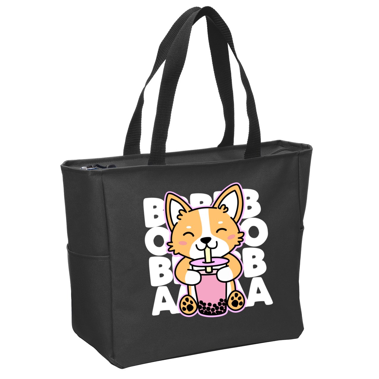 Kawaii Boba Cute Anime Dog Corgi Kawaii Tea Drjnk Dark Zip Tote Bag