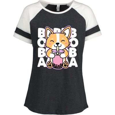 Kawaii Boba Cute Anime Dog Corgi Kawaii Tea Drjnk Dark Enza Ladies Jersey Colorblock Tee