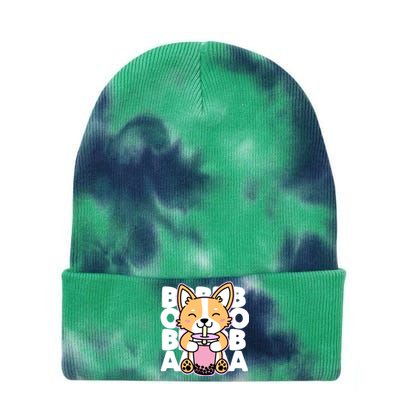 Kawaii Boba Cute Anime Dog Corgi Kawaii Tea Drjnk Dark Tie Dye 12in Knit Beanie